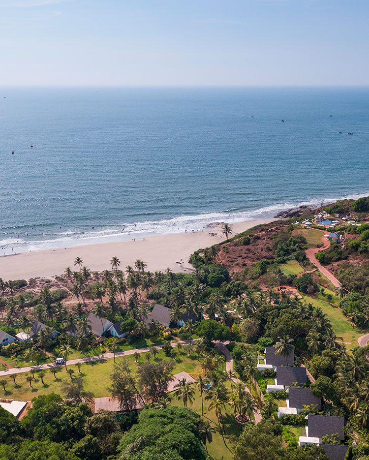 Aerial view of a tropical beach with white sand, palm trees, lush greenery, and buildings near the shoreline, with the calm blue ocean extending to the horizon under a clear sky.
