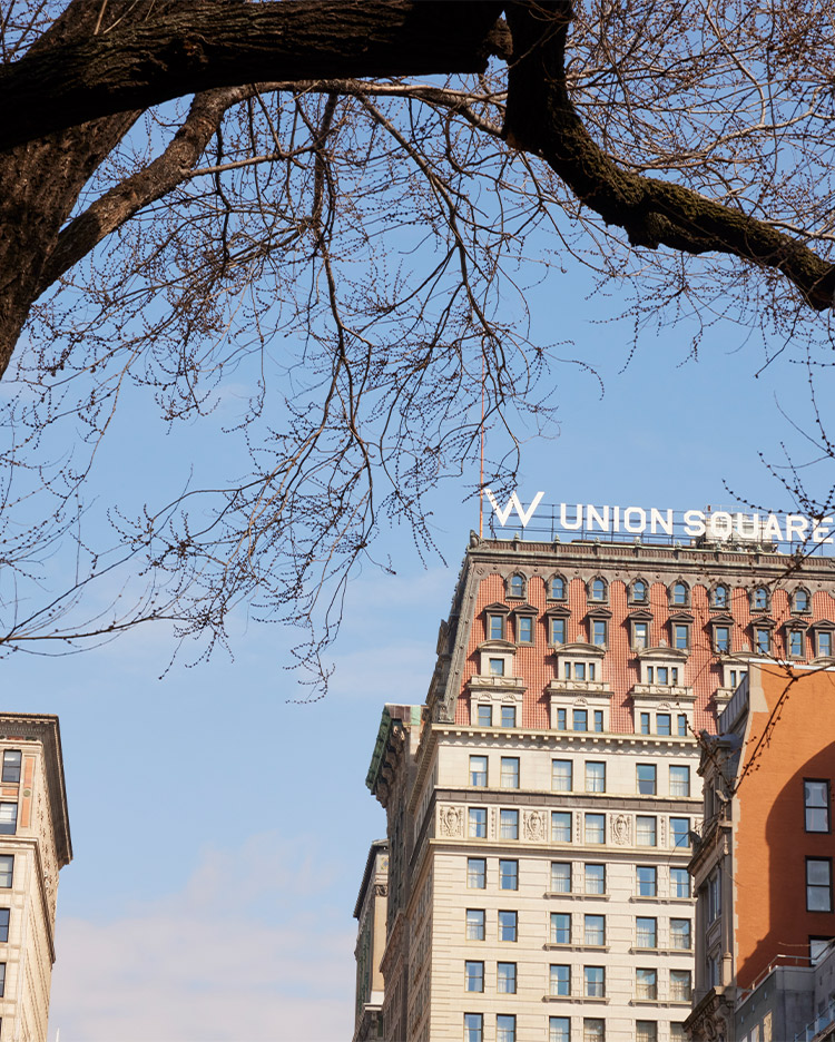 A view of the w union square building framed by leafless branches from an overhead tree under a clear blue sky.