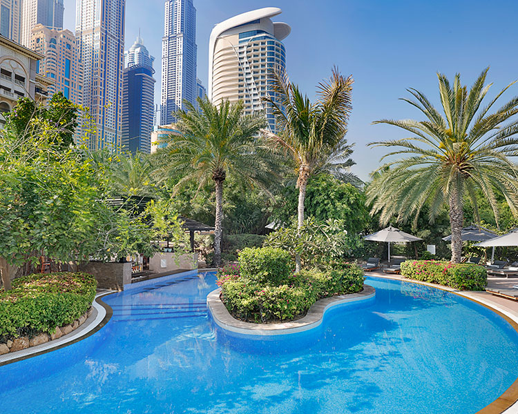 A serene outdoor swimming pool surrounded by palm trees and lush greenery in a tropical setting. In the background, there are high-rise buildings and clear blue skies, creating a contrast between nature and urban life. Umbrellas and loungers are visible around the pool area.