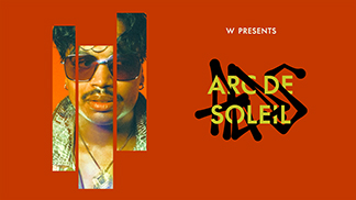 Promotional poster featuring a person with sunglasses and mustache, split into vertical segments. The text reads 