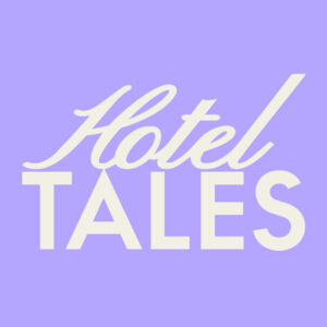 Text reading "Hotel Tales" in a cursive and bold font on a light purple background.