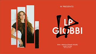 A promotional image for LP Giobbi's event. A person with long hair sits with visible slices across a red background on the left, and event details on the right, including the name LP Giobbi, venue, and date: March 19, 2023, in white text.