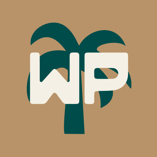 A minimalist graphic of a dark green palm tree on a tan background, with the bold white letters 