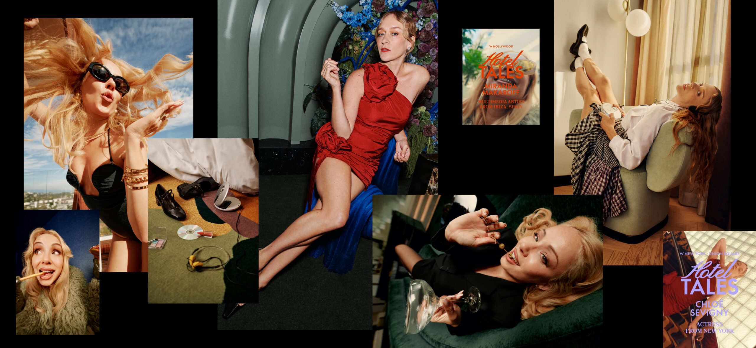 Eine Collage einer Frau in verschiedenen glamourösen Posen und Outfits, darunter ein rotes Kleid, entspannt und beim Lippenstiftauftragen. Die Bilder zeigen außerdem hotelbezogene Themen und Dekorationen. Der Titel lautet „Hotel Tales Chic & Sexy“. Mehrere Overlays verstärken die stilvolle Atmosphäre.
