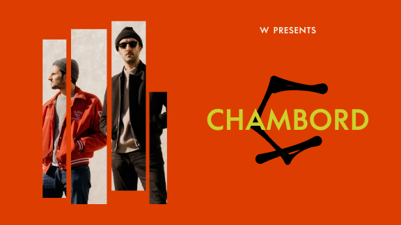 Two men in stylish outfits and sunglasses are featured in three vertical panels on the left against an orange background. The right side has text reading 