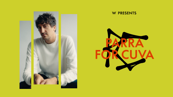 A man in a white sweater is framed by three vertical yellow bars on a yellow background. To the right, black abstract shapes and red text read 