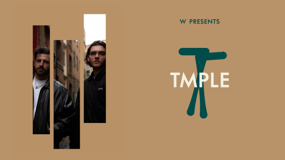 Two men stand against an urban backdrop, each framed by a vertical cutout. On the right, bold text reads “TMPL” with stylized letters, and “W PRESENTS” appears above on a tan background.