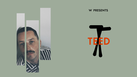 A man with a mustache and striped shirt is seen through three vertical photo strips on a pale green background. To the right, text reads 