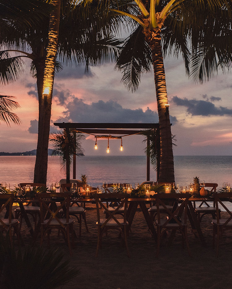 A beautifully set dinner table with candles and lights sits between palm trees on a beach at sunset, overlooking calm ocean waters and a colorful, glowing sky.