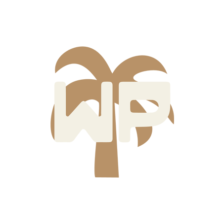A stylized brown palm tree with the beige letters 