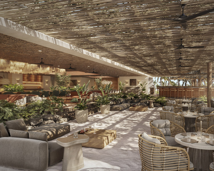 Outdoor lounge area with wicker chairs, cushioned sofas, round tables, and lush potted plants. A wooden slatted roof casts patterned shadows, and ceiling fans hang above. Warm, earthy decor with tropical greenery throughout.