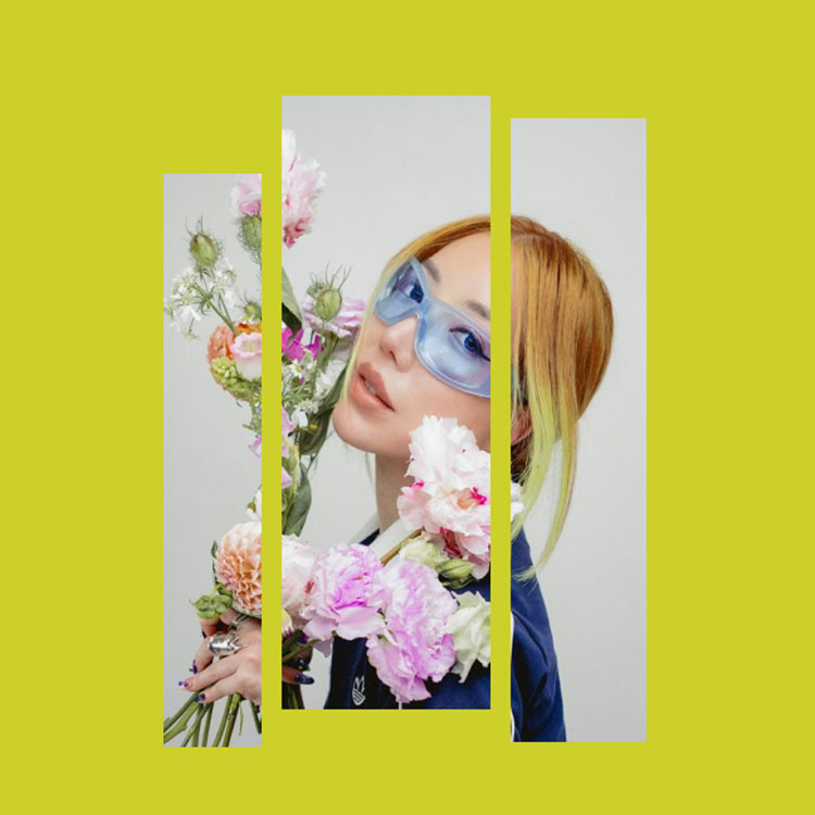 A person with red hair and blue sunglasses holds pink and white flowers. The image is divided into three vertical strips on a bright yellow background.