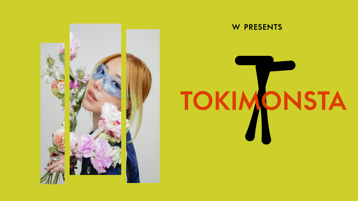 A woman with long hair and blue sunglasses holds a bouquet of flowers, divided into three vertical panels on a yellow background. Text on the right reads “W PRESENTS TOKIMONSTA” with a stylized