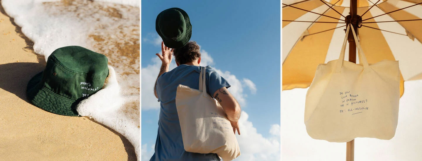 A triptych shows: a green bucket hat on wet sand near the ocean; a person in blue holding the same hat and wearing a cream tote bag; and the tote hanging from a yellow umbrella.