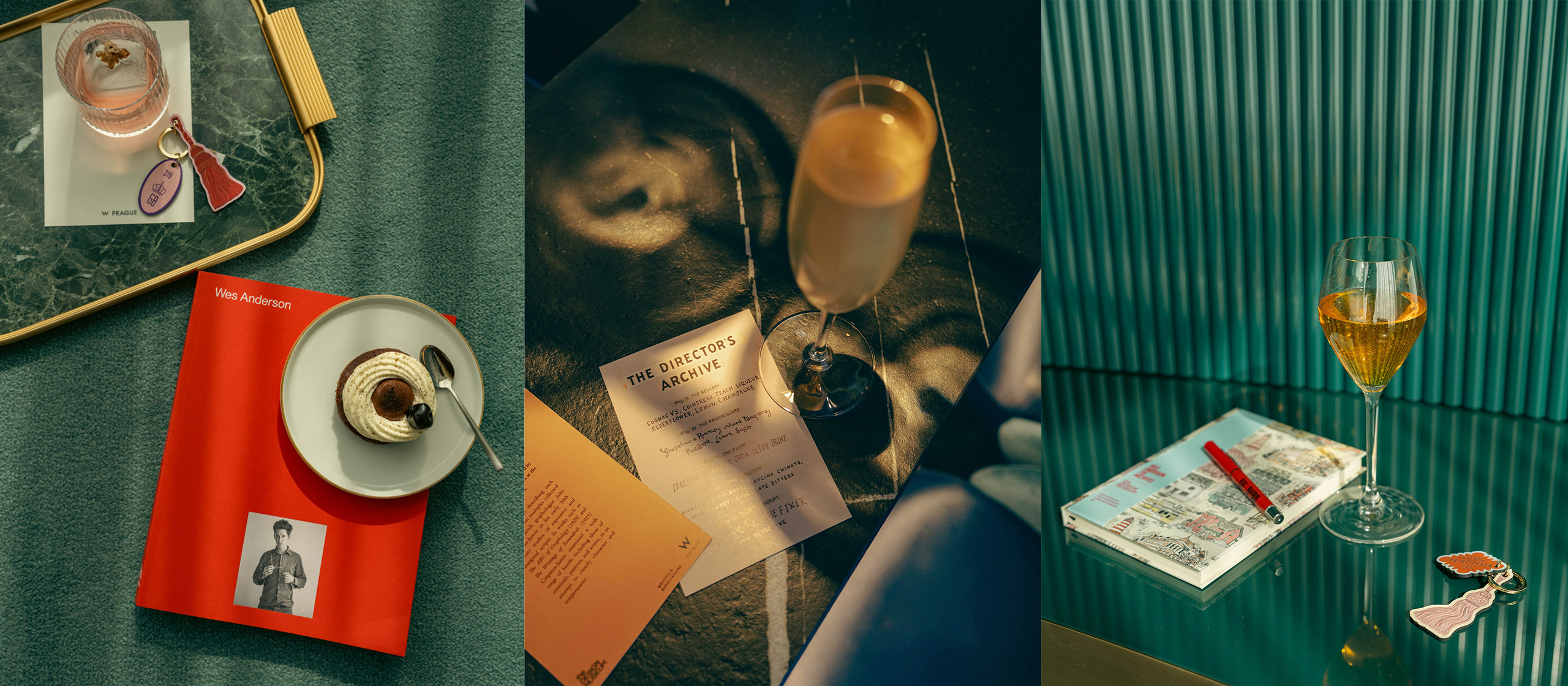 Three elegant table settings: a drink with a tag and dessert on a red magazine, a champagne glass on papers under warm light, and a wine glass with a notebook, pen, and keychain on a blue-striped table.